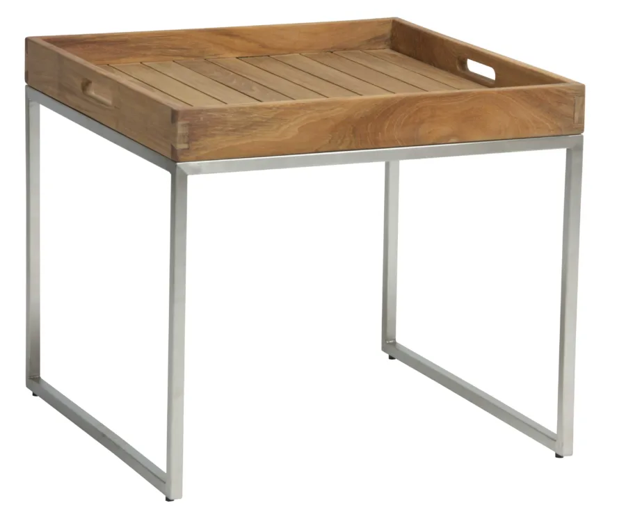 Tabletttisch Edelstahl mit Teak-Tablett 50x50 cm