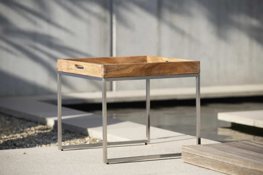 Tabletttisch Edelstahl mit Teak-Tablett 50x50 cm