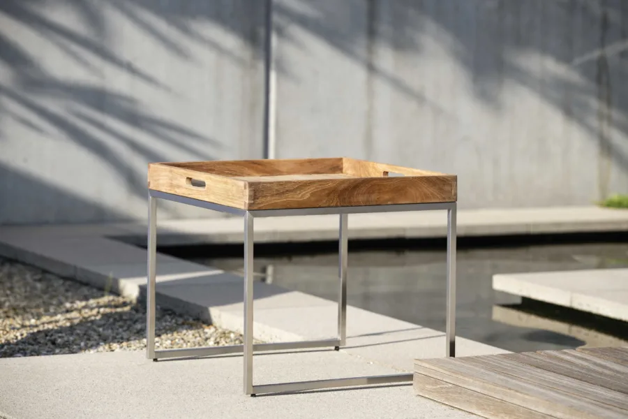 Tabletttisch Edelstahl mit Teak-Tablett 50x50 cm
